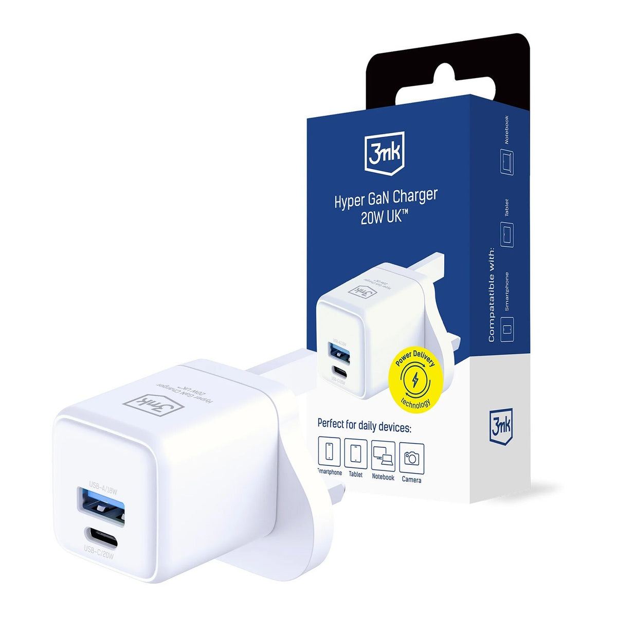 3mk Hyper GaN Charger 20W QC 3.0 PD PPS USB 1A1C - White UK